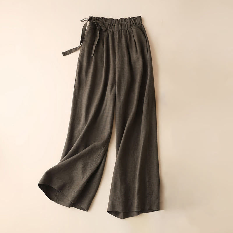 Pantalon large décontracté à lacets en coton et lin pour femme de couleur unie Buddha Stones