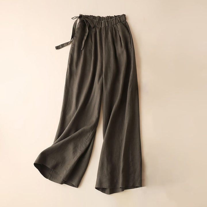 Pantalon large décontracté à lacets en coton et lin pour femme de couleur unie Buddha Stones