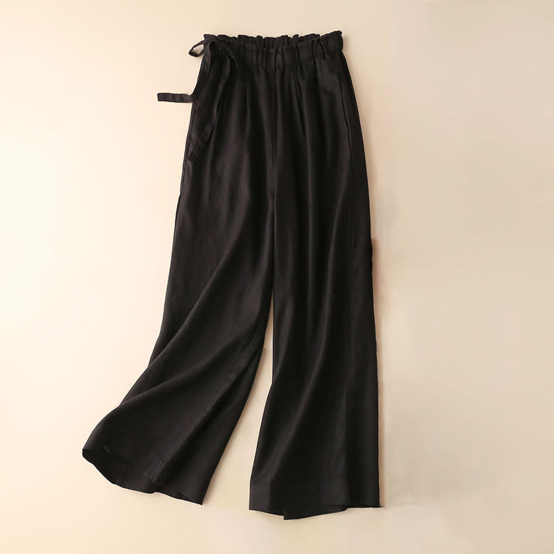 Pantalon large décontracté à lacets en coton et lin pour femme de couleur unie Buddha Stones