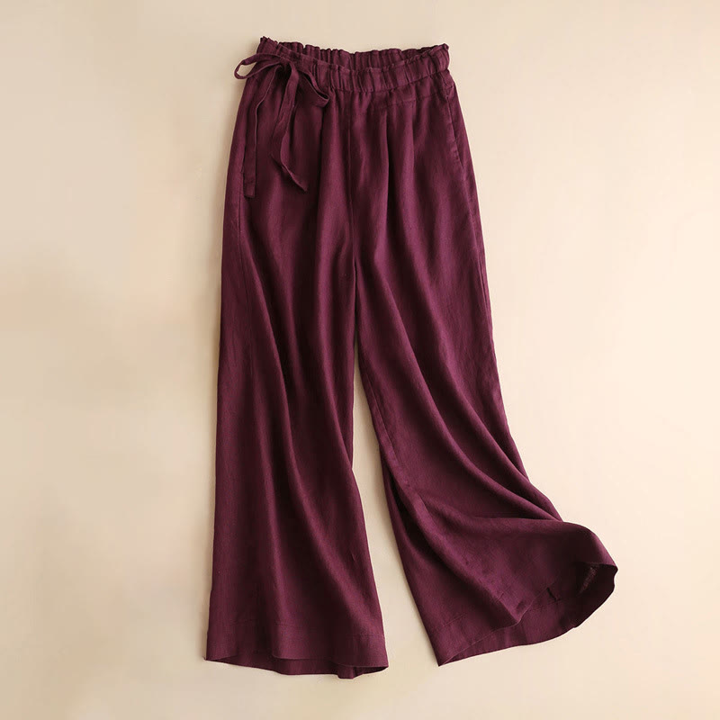 Pantalon large décontracté à lacets en coton et lin pour femme de couleur unie Buddha Stones