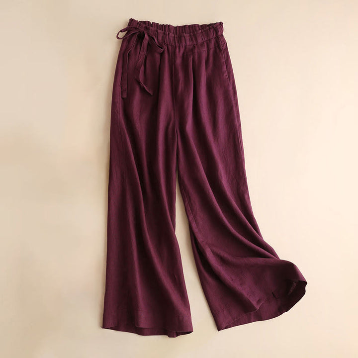 Pantalon large décontracté à lacets en coton et lin pour femme de couleur unie Buddha Stones