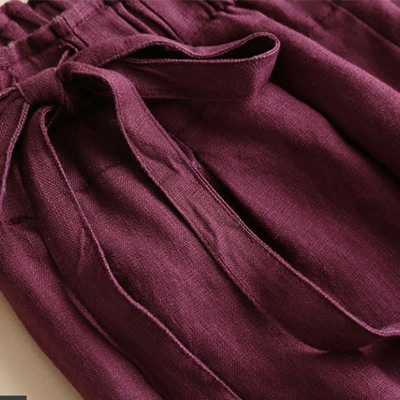 Pantalon large décontracté à lacets en coton et lin pour femme de couleur unie Buddha Stones