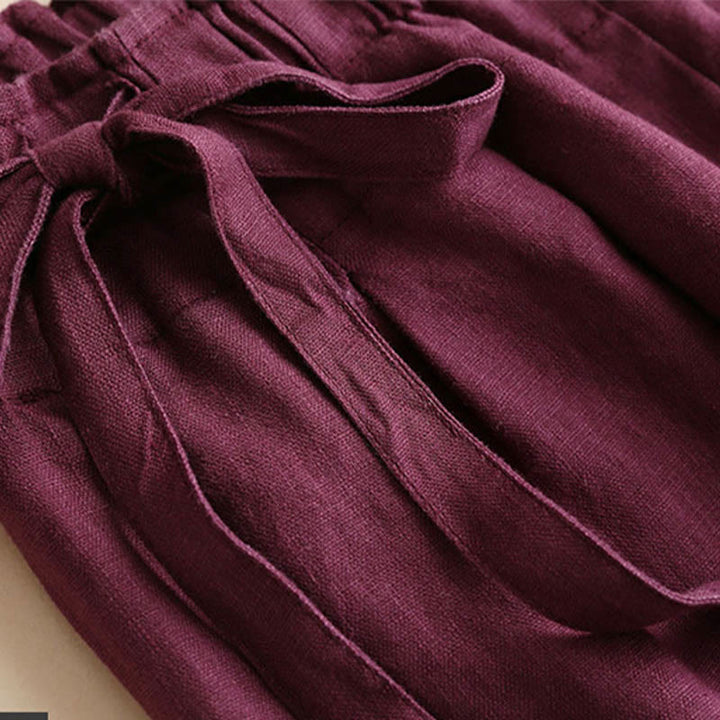 Pantalon large décontracté à lacets en coton et lin pour femme de couleur unie Buddha Stones