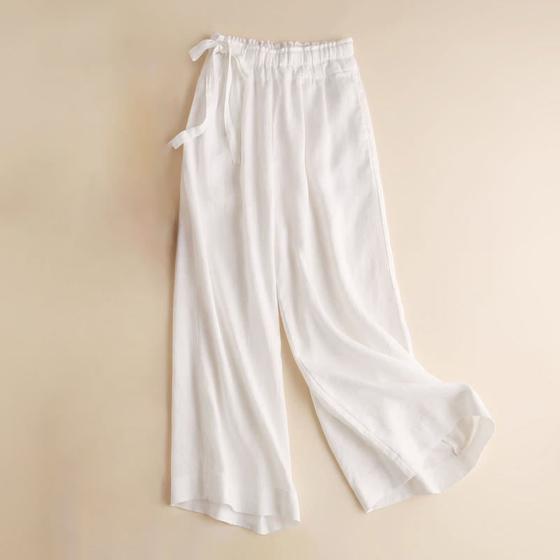 Pantalon large décontracté à lacets en coton et lin pour femme de couleur unie Buddha Stones