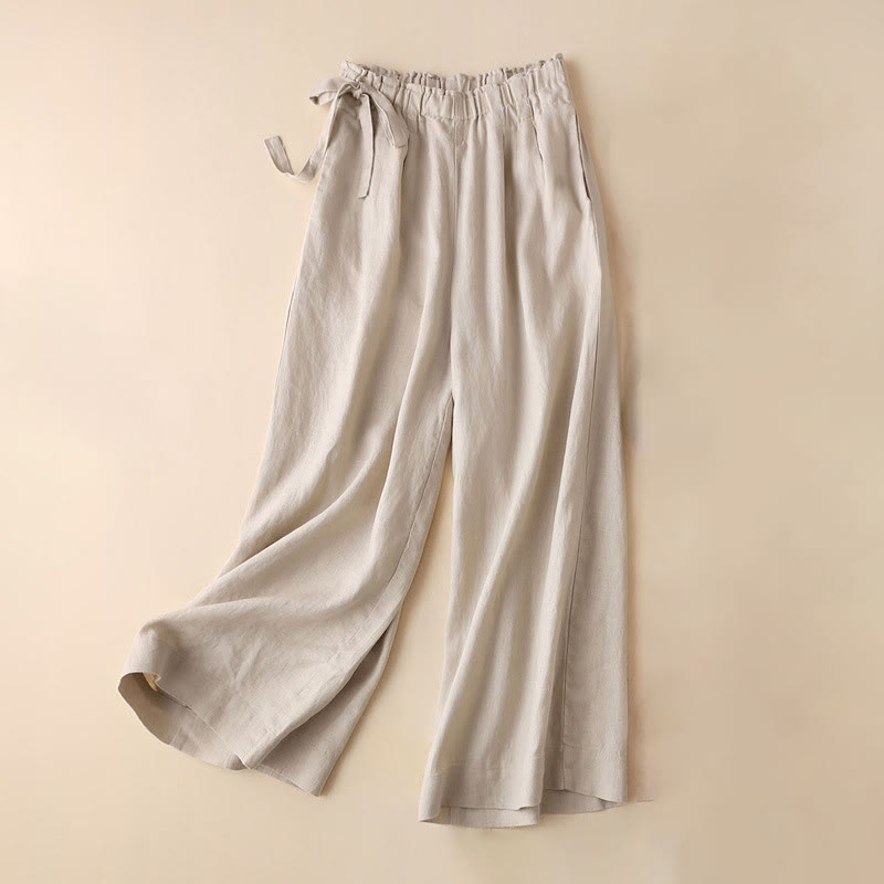 Pantalon large décontracté à lacets en coton et lin pour femme de couleur unie Buddha Stones