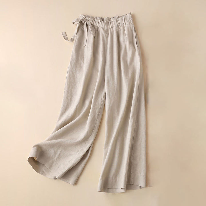 Pantalon large décontracté à lacets en coton et lin pour femme de couleur unie Buddha Stones
