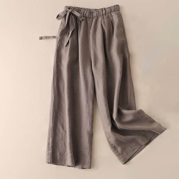 Pantalon large décontracté à lacets en coton et lin pour femme de couleur unie Buddha Stones