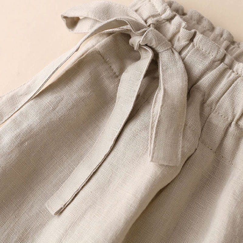 Pantalon large décontracté à lacets en coton et lin pour femme de couleur unie Buddha Stones