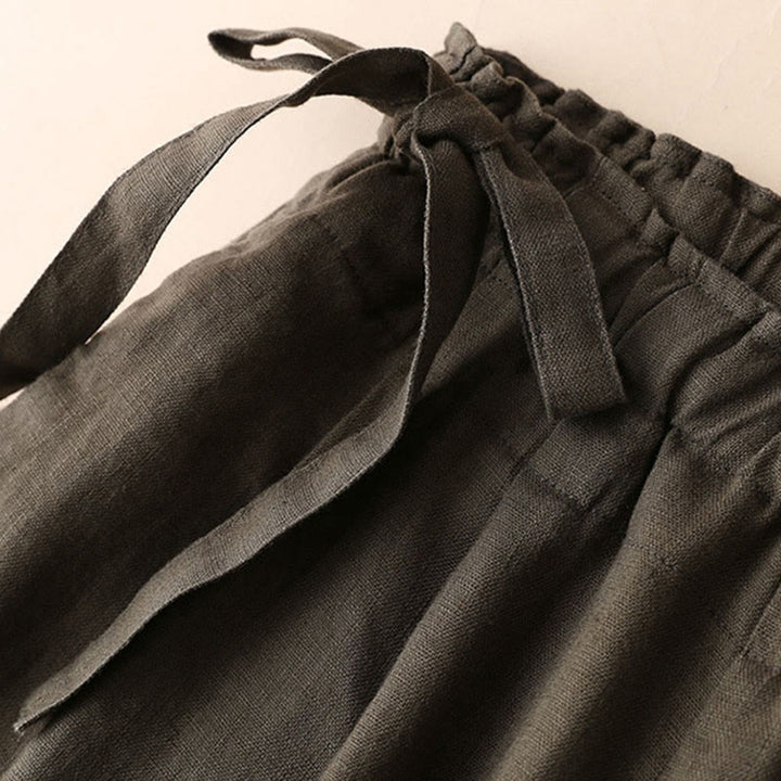 Pantalon large décontracté à lacets en coton et lin pour femme de couleur unie Buddha Stones