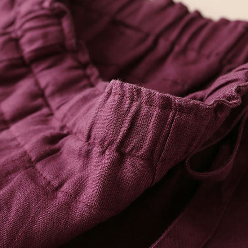 Pantalon large décontracté à lacets en coton et lin pour femme de couleur unie Buddha Stones