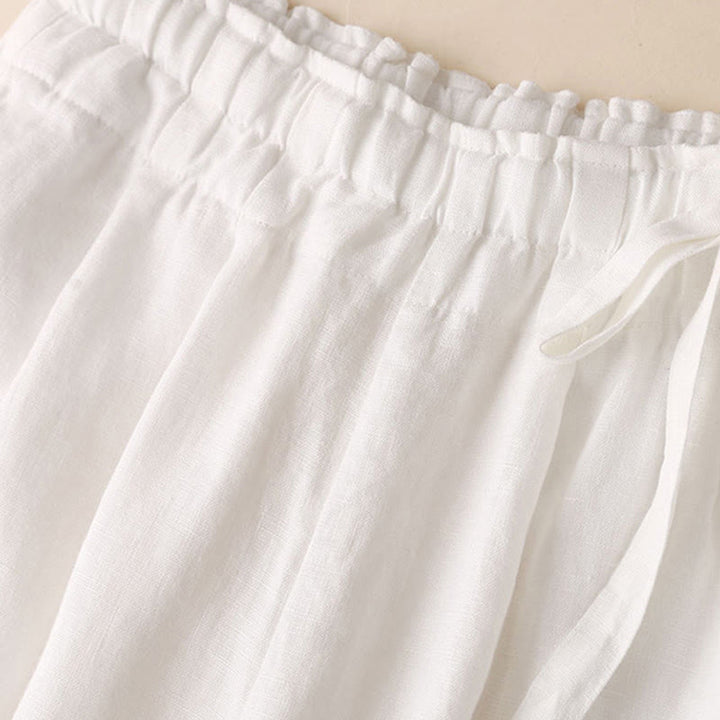 Pantalon large décontracté à lacets en coton et lin pour femme de couleur unie Buddha Stones