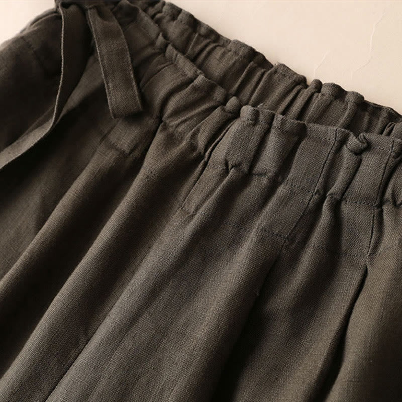 Pantalon large décontracté à lacets en coton et lin pour femme de couleur unie Buddha Stones