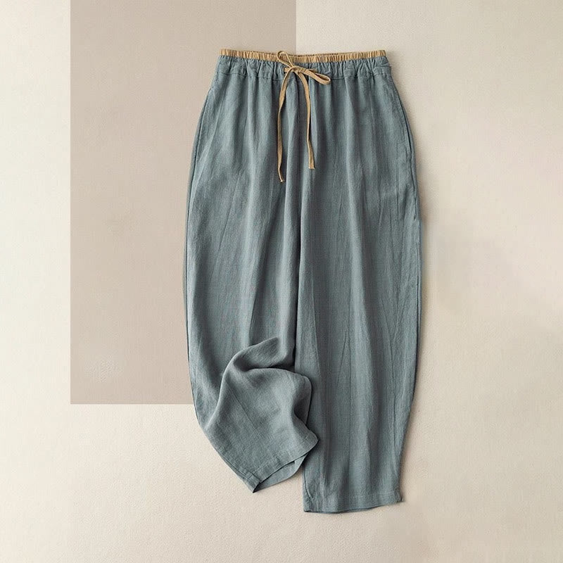 Pantalon décontracté en coton et lin avec cordon de serrage et poches pour femme Motif Buddha Stones - CadetBlue - US16，UK/AU20，EU48 (3XL) - image 0