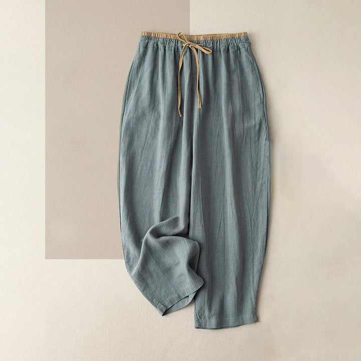 Pantalon décontracté en coton et lin avec cordon de serrage et poches pour femme Motif Buddha Stones - CadetBlue - US16，UK/AU20，EU48 (3XL) - image 0