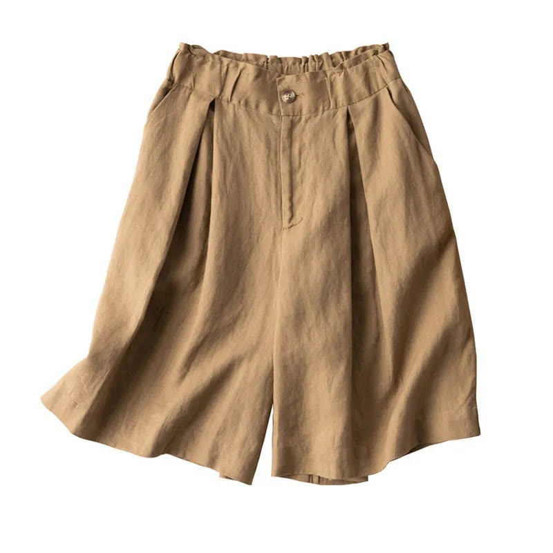 Buddha Stones Short décontracté en coton et lin pour femme avec poches et fermeture éclair et boutons de couleur unie