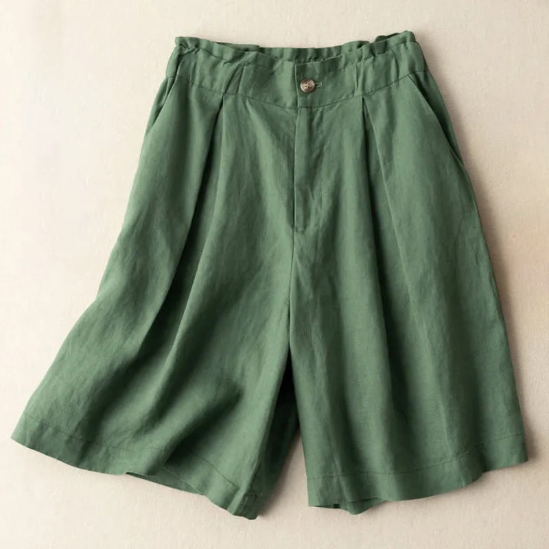 Buddha Stones Short décontracté en coton et lin pour femme avec poches et fermeture éclair et boutons de couleur unie