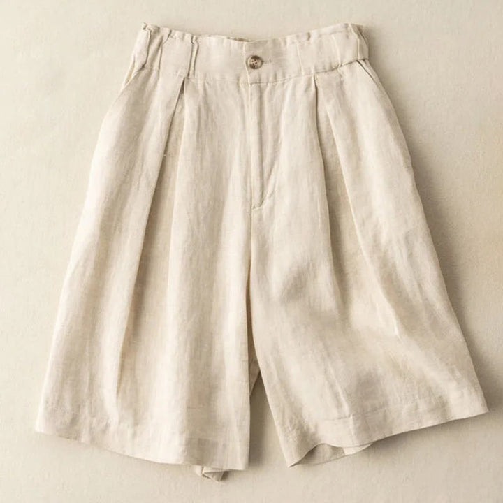 Buddha Stones Short décontracté en coton et lin pour femme avec poches et fermeture éclair et boutons de couleur unie