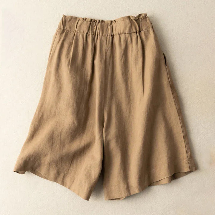 Buddha Stones Short décontracté en coton et lin pour femme avec poches et fermeture éclair et boutons de couleur unie
