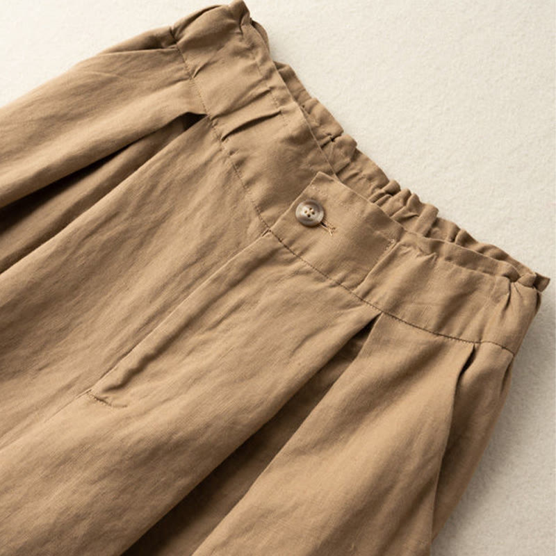 Buddha Stones Short décontracté en coton et lin pour femme avec poches et fermeture éclair et boutons de couleur unie