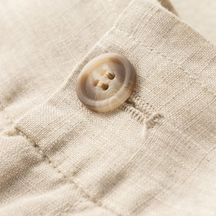 Buddha Stones Short décontracté en coton et lin pour femme avec poches et fermeture éclair et boutons de couleur unie