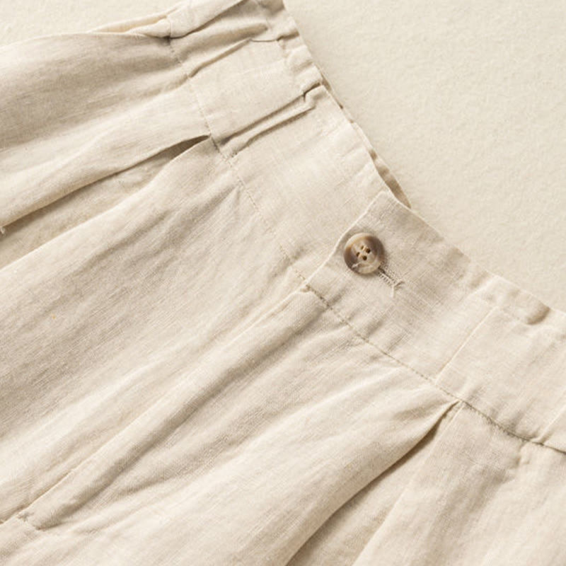 Buddha Stones Short décontracté en coton et lin pour femme avec poches et fermeture éclair et boutons de couleur unie