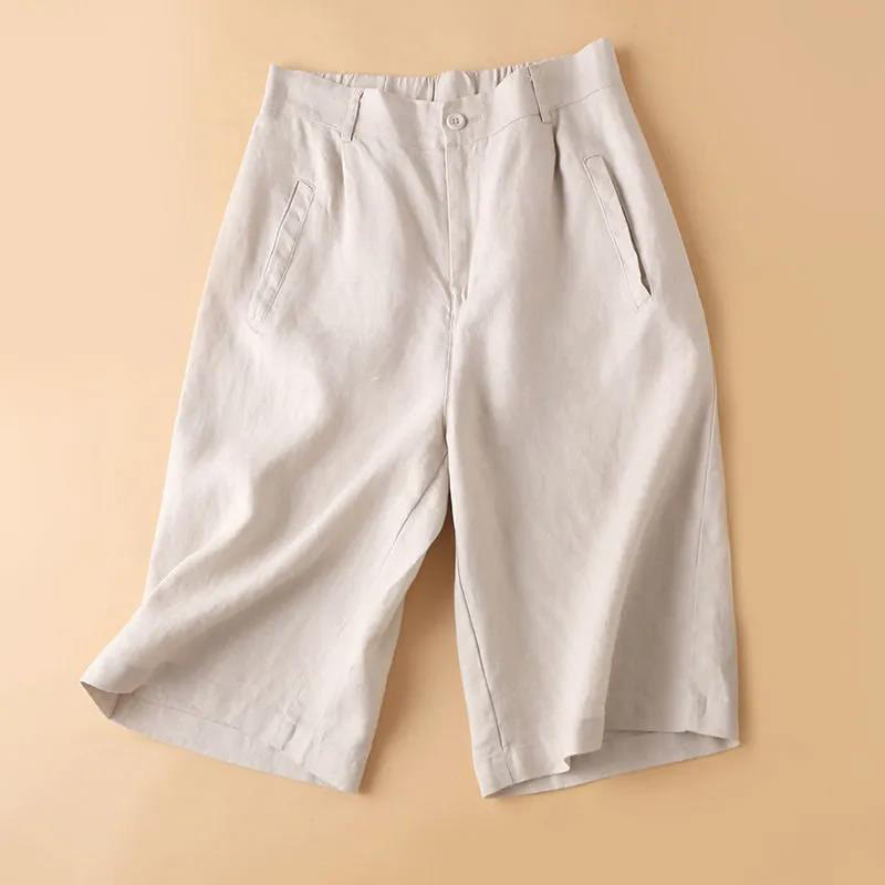 Short en coton uni avec fermeture éclair et boutons pour femme avec poches et Buddha Stones - Beige - US12，UK/AU16，EU44 (3XL) - image 9