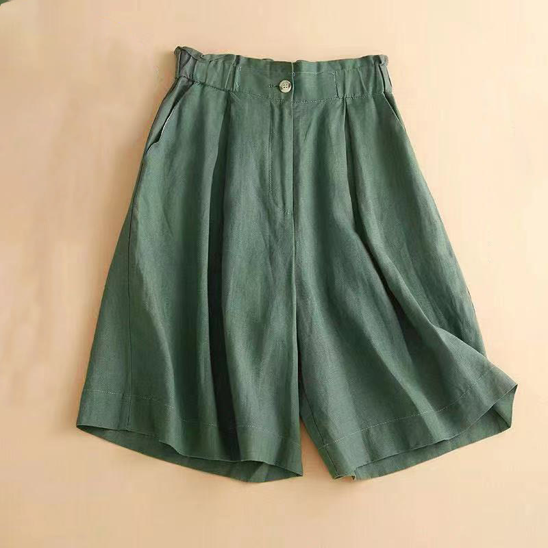Short plissé uni en coton et lin avec poches pour femme avec fermeture éclair et boutons Buddha Stones