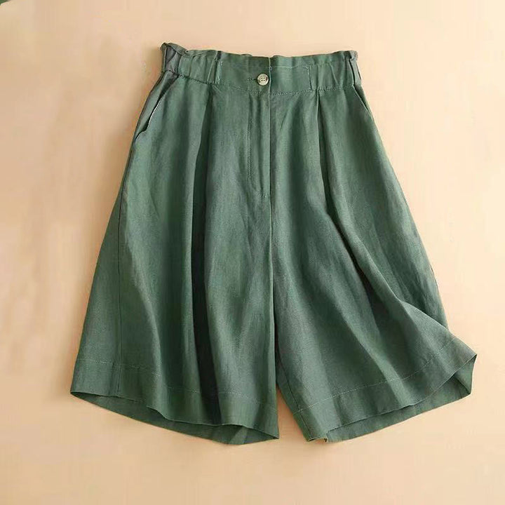 Short plissé uni en coton et lin avec poches pour femme avec fermeture éclair et boutons Buddha Stones