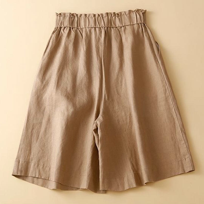 Short plissé uni en coton et lin avec poches pour femme avec fermeture éclair et boutons Buddha Stones