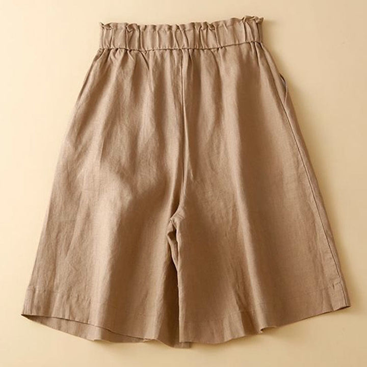 Short plissé uni en coton et lin avec poches pour femme avec fermeture éclair et boutons Buddha Stones