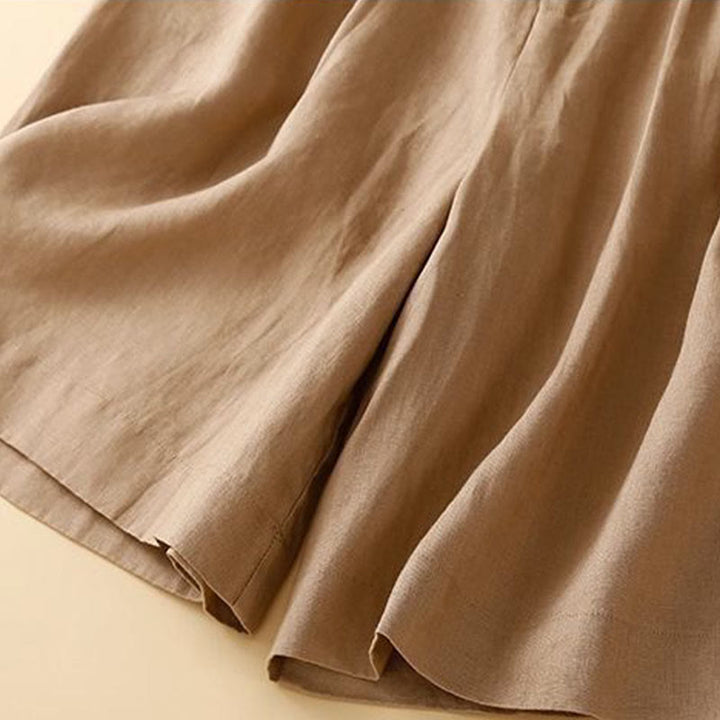 Short plissé uni en coton et lin avec poches pour femme avec fermeture éclair et boutons Buddha Stones
