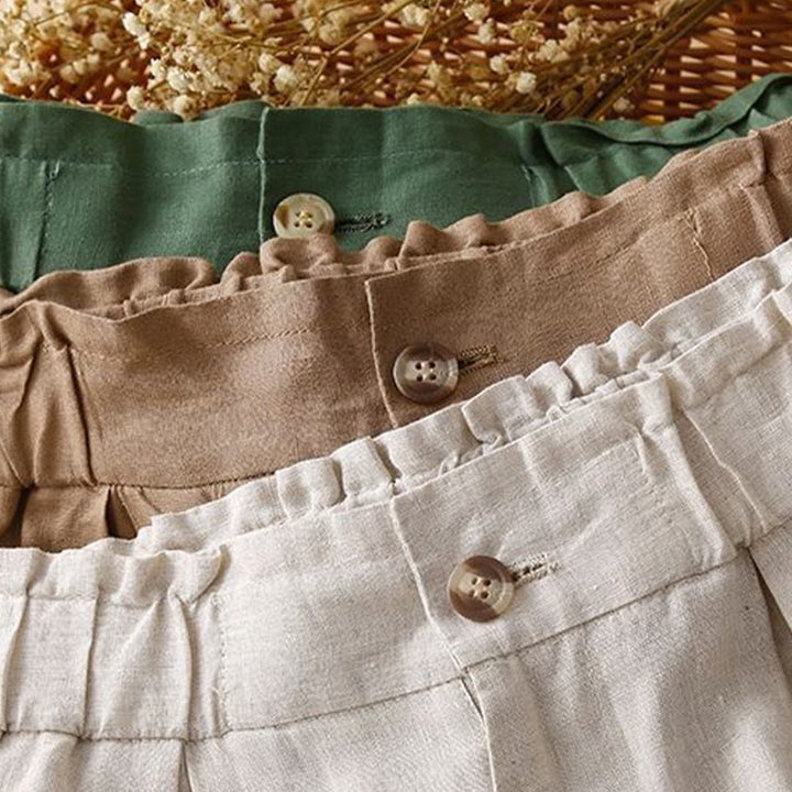 Short plissé uni en coton et lin avec poches pour femme avec fermeture éclair et boutons Buddha Stones