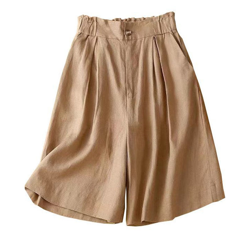 Short plissé uni en coton et lin avec poches pour femme avec fermeture éclair et boutons Buddha Stones