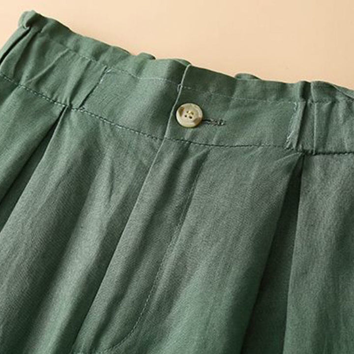 Short plissé uni en coton et lin avec poches pour femme avec fermeture éclair et boutons Buddha Stones
