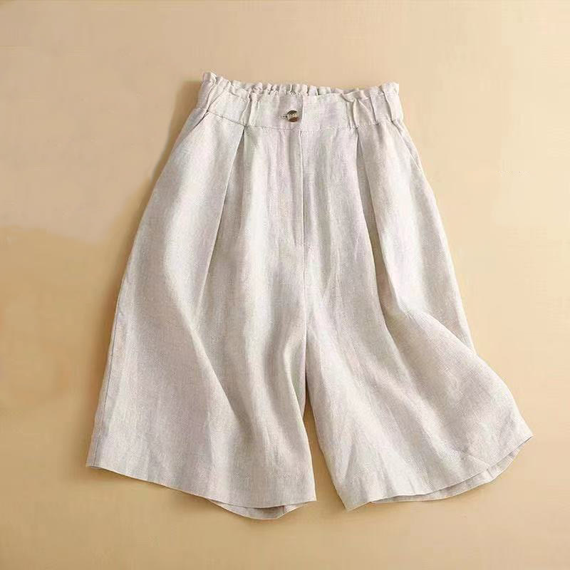 Short plissé uni en coton et lin avec poches pour femme avec fermeture éclair et boutons Buddha Stones - Beige - US12，UK/AU16，EU44 (3XL) - image 10