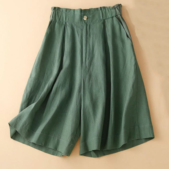 Short plissé uni en coton et lin avec poches pour femme avec fermeture éclair et boutons Buddha Stones