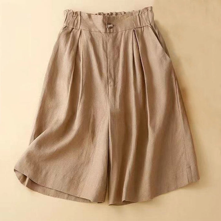 Short plissé uni en coton et lin avec poches pour femme avec fermeture éclair et boutons Buddha Stones - verge d'or - US12，UK/AU16，EU44 (3XL) - image 0