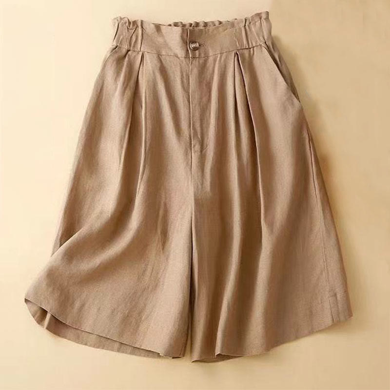 Short plissé uni en coton et lin avec poches pour femme avec fermeture éclair et boutons Buddha Stones - Verge d'or - US12，UK/AU16，EU44 (3XL) - image 0