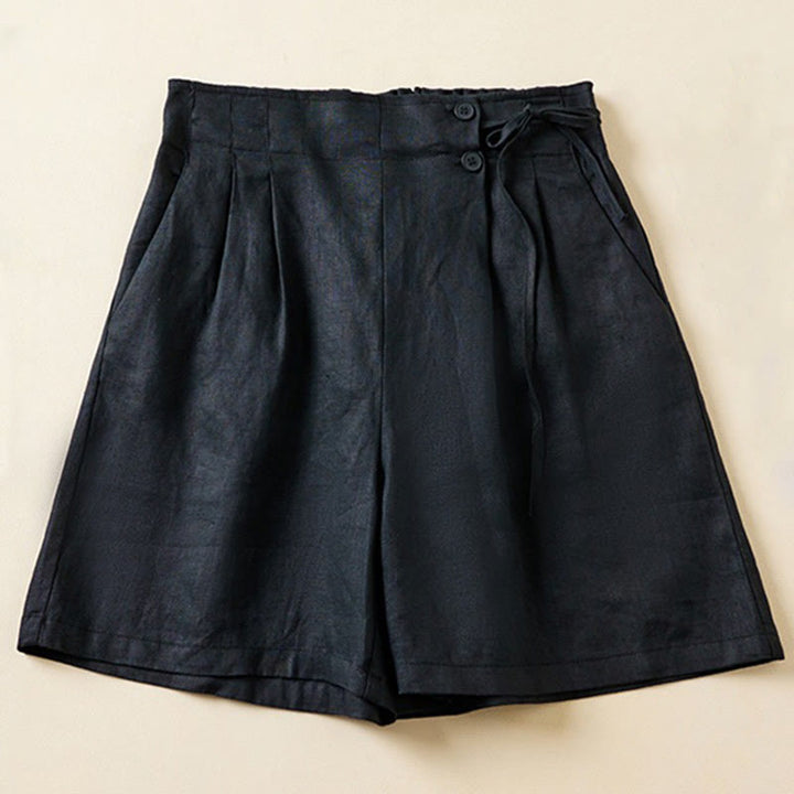 Short en coton et lin à lacets à deux boutons pour femme avec poches et Buddha Stones