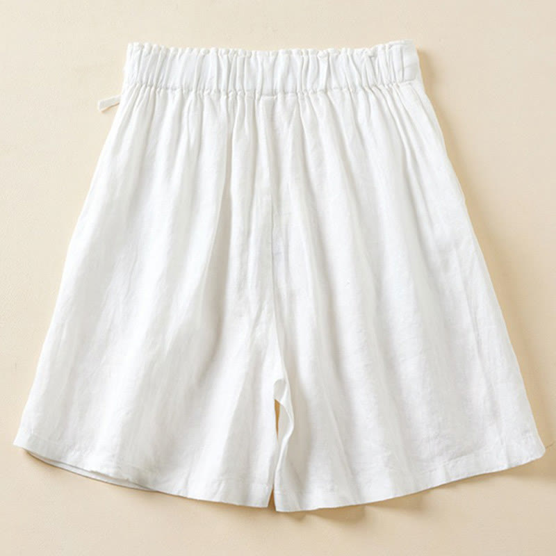 Short en coton et lin à lacets à deux boutons pour femme avec poches et Buddha Stones