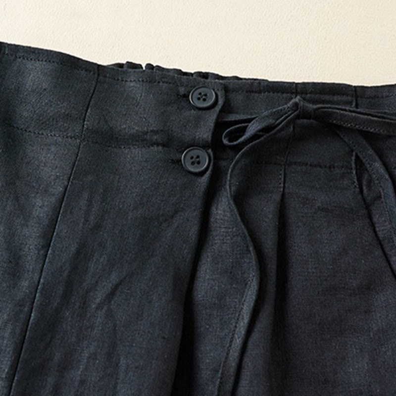 Short en coton et lin à lacets à deux boutons pour femme avec poches et Buddha Stones
