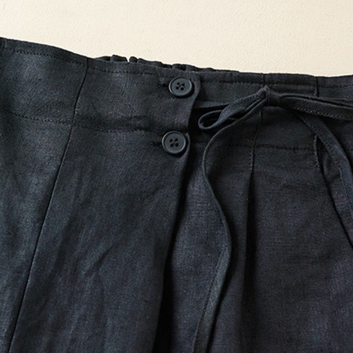 Short en coton et lin à lacets à deux boutons pour femme avec poches et Buddha Stones