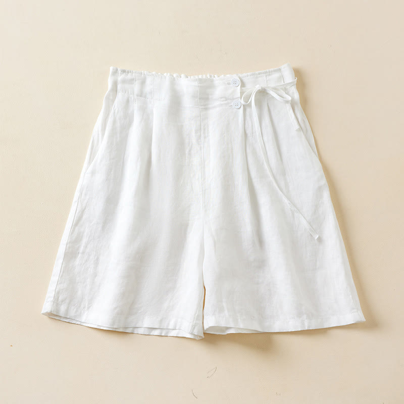 Short en coton et lin à lacets à deux boutons pour femme avec poches et Buddha Stones