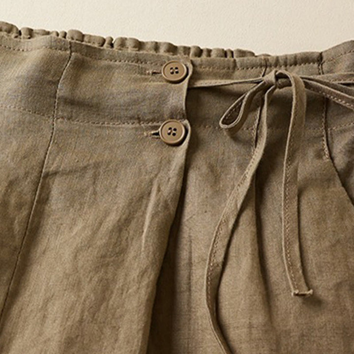Short en coton et lin à lacets à deux boutons pour femme avec poches et Buddha Stones