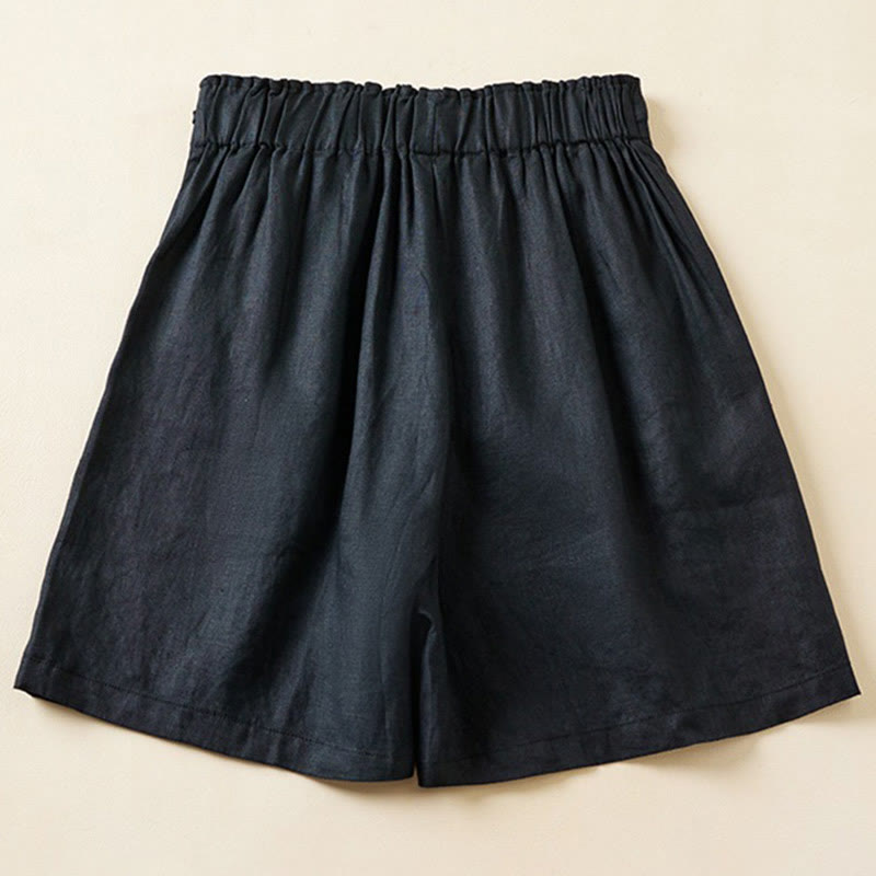 Short en coton et lin à lacets à deux boutons pour femme avec poches et Buddha Stones