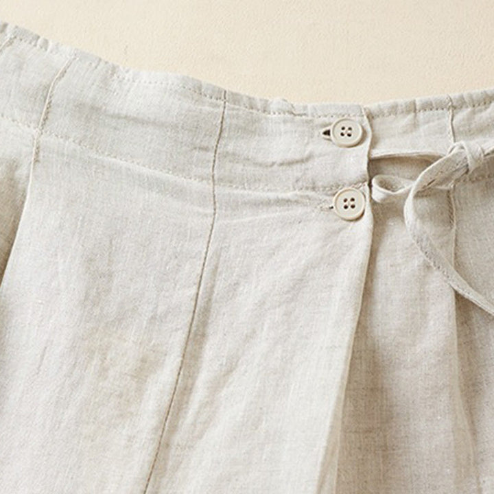 Short en coton et lin à lacets à deux boutons pour femme avec poches et Buddha Stones