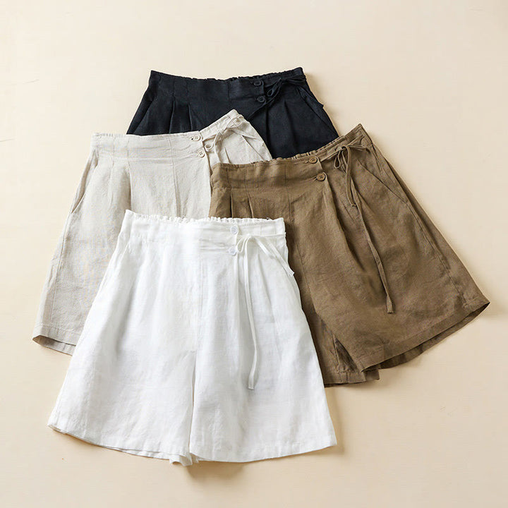 Short en coton et lin à lacets à deux boutons pour femme avec poches et Buddha Stones