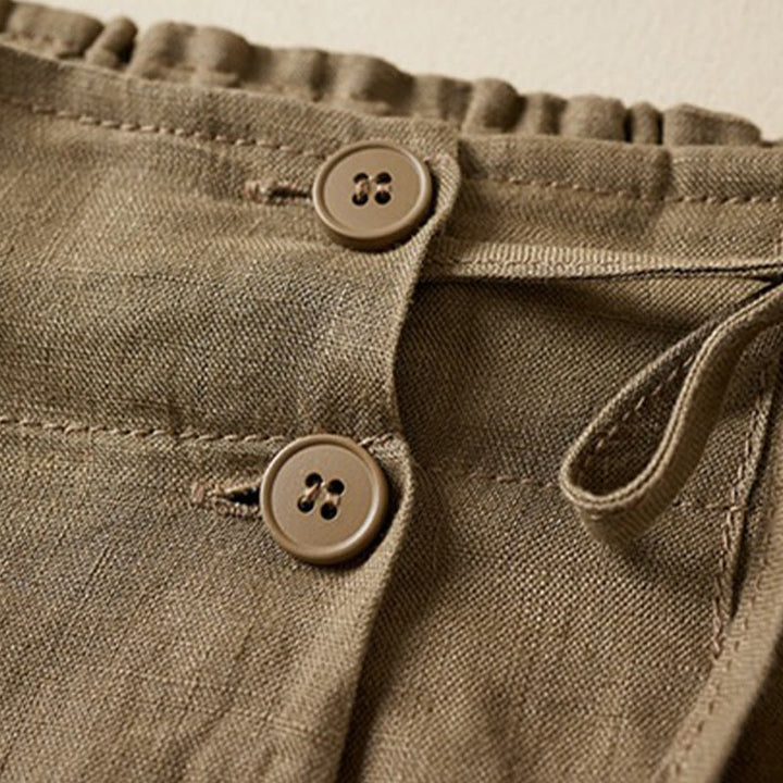 Short en coton et lin à lacets à deux boutons pour femme avec poches et Buddha Stones