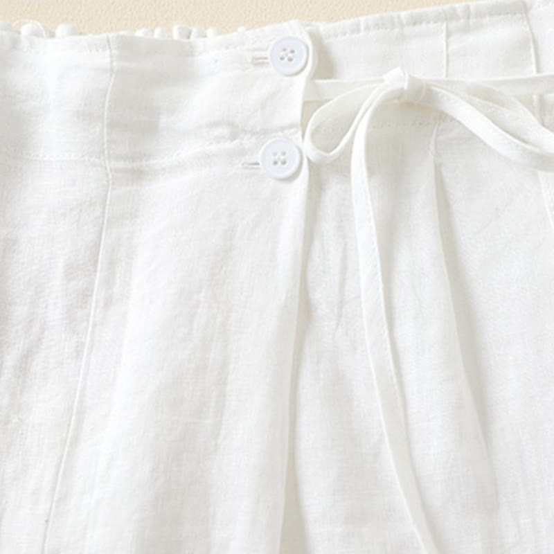 Short en coton et lin à lacets à deux boutons pour femme avec poches et Buddha Stones