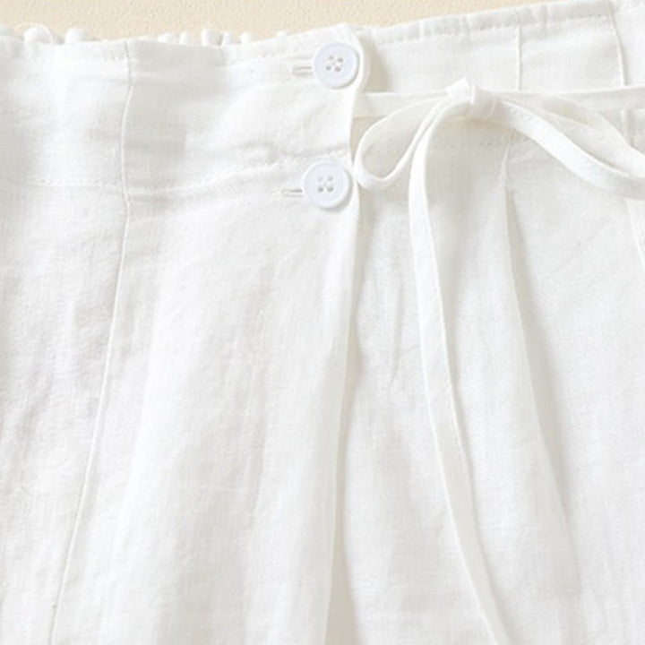 Short en coton et lin à lacets à deux boutons pour femme avec poches et Buddha Stones